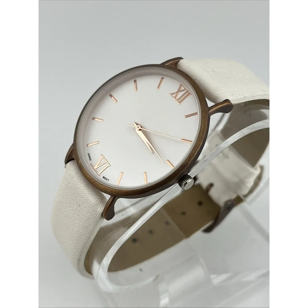 QRTZ Watch Women 36mm Brone Case White Faux Leather Band- New Battery